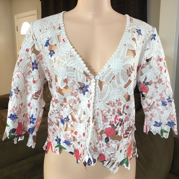 Chris McLaughlin small Crochet Blazer Top spring flora Top Feminine White - Picture 1 of 8